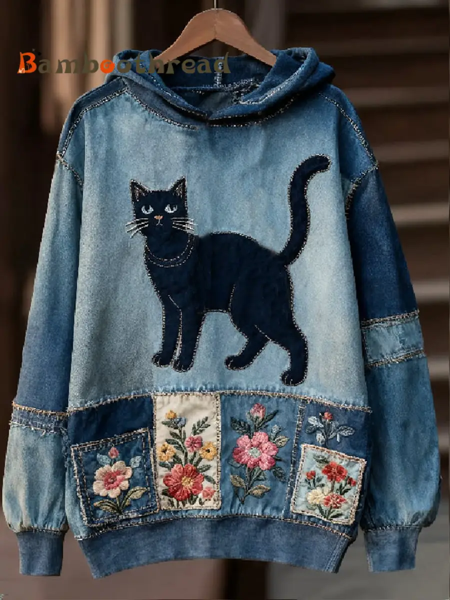Women's Casual Patchwork Cat Print Hoodie