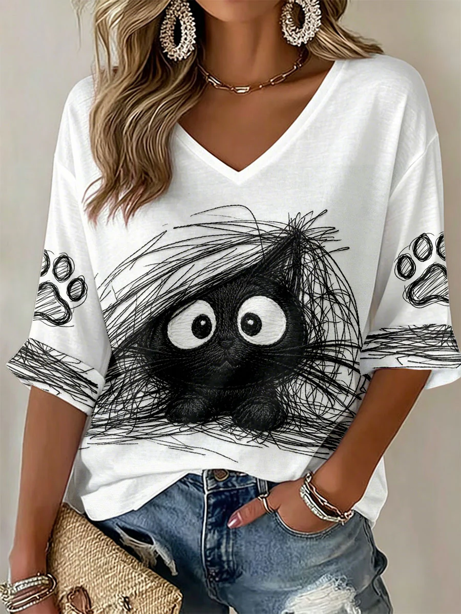 Women's Cat Art Print V-Neck T-Shirts