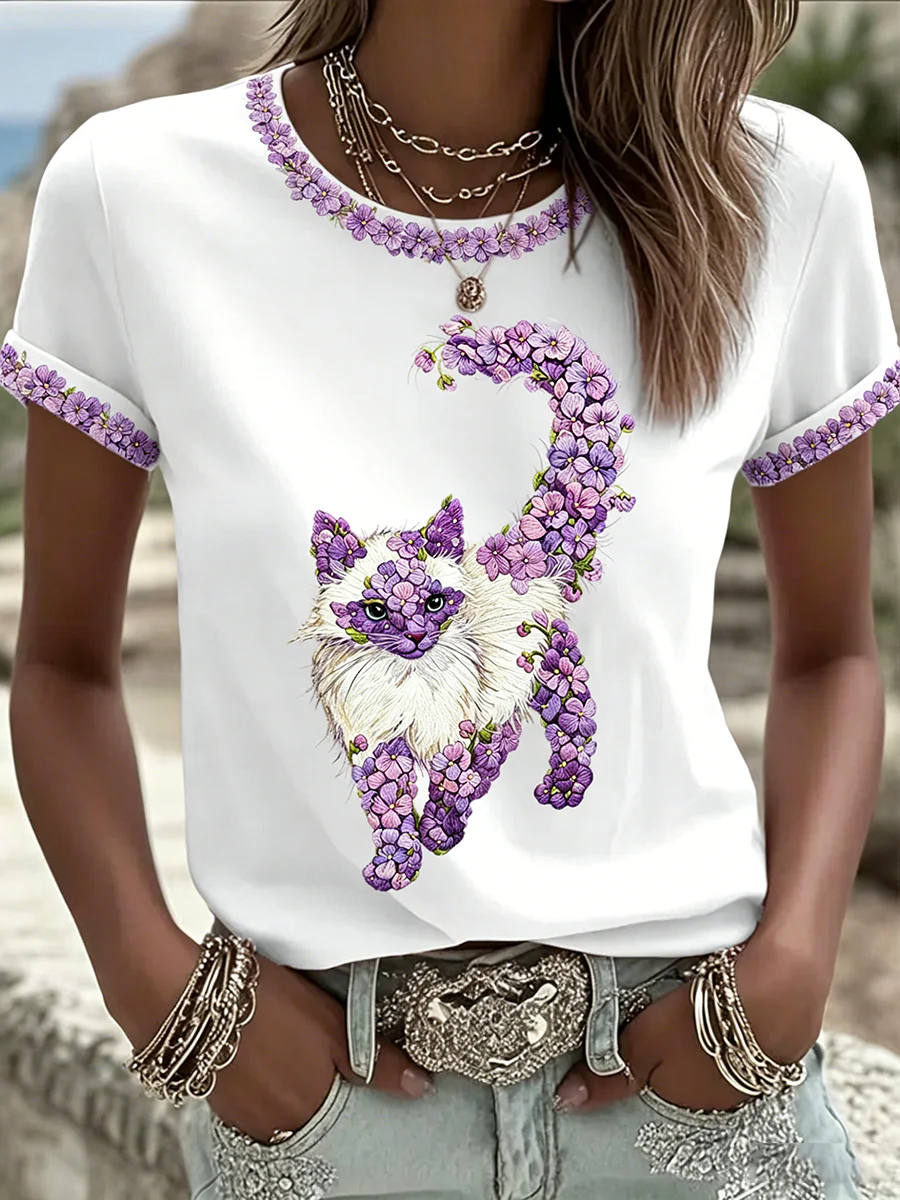 Women's Cat Floral Print Casual T-shirt - Image 2