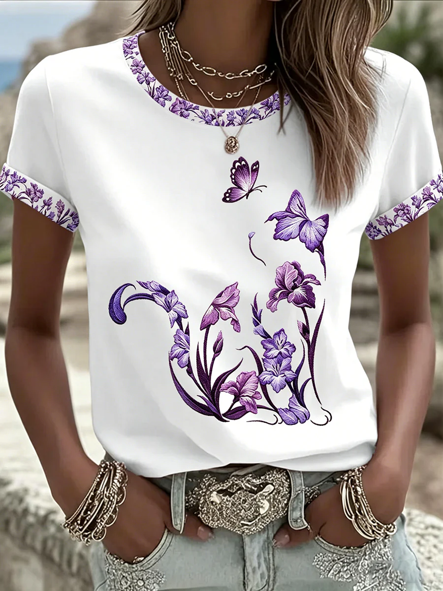 Women's Cat Floral Print Casual T-shirt - Image 2