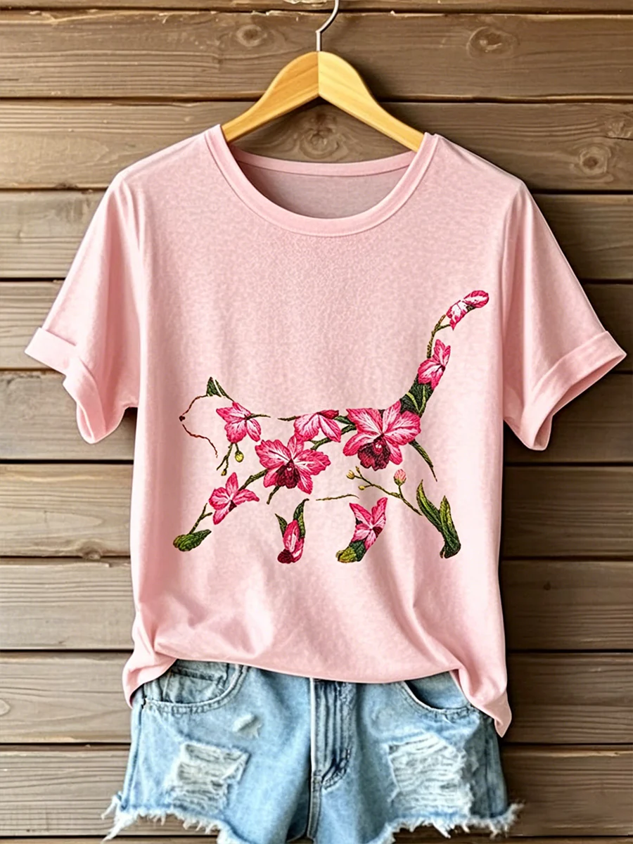 Women's Cat Floral Print Casual T-shirt - Image 3