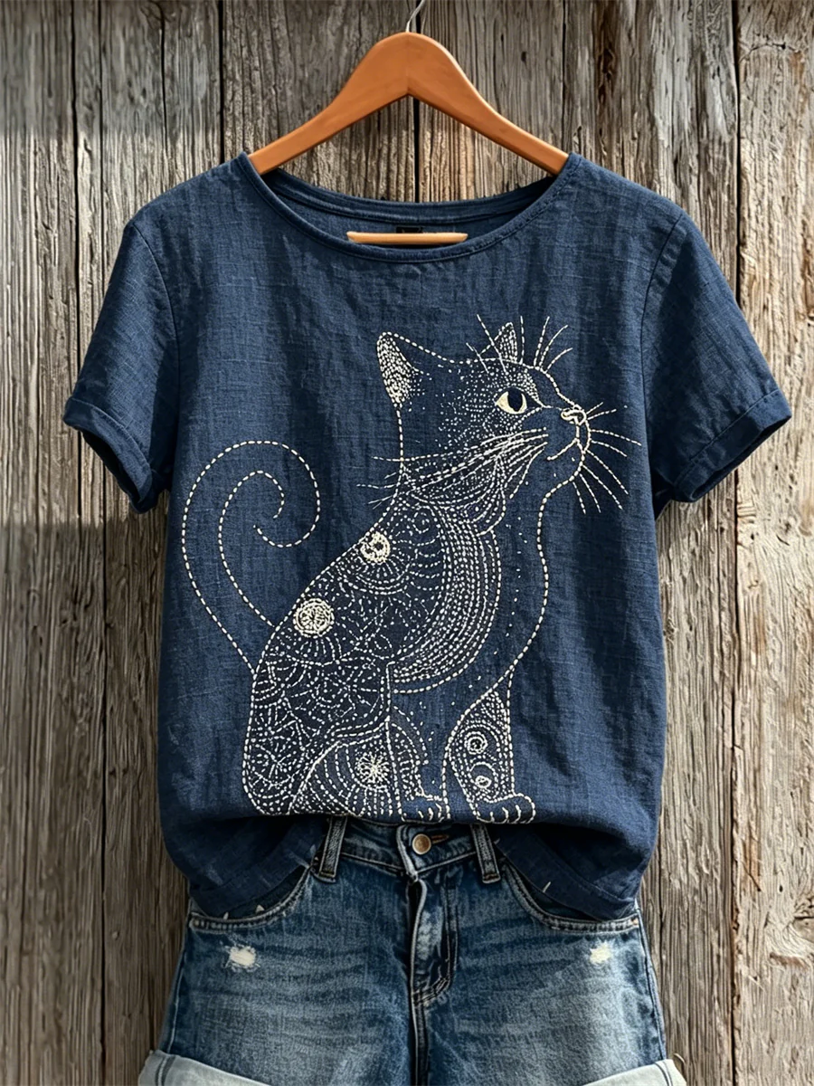 Women's Cat Japanese Sashiko Art Print linen short-sleeved T-shirt
