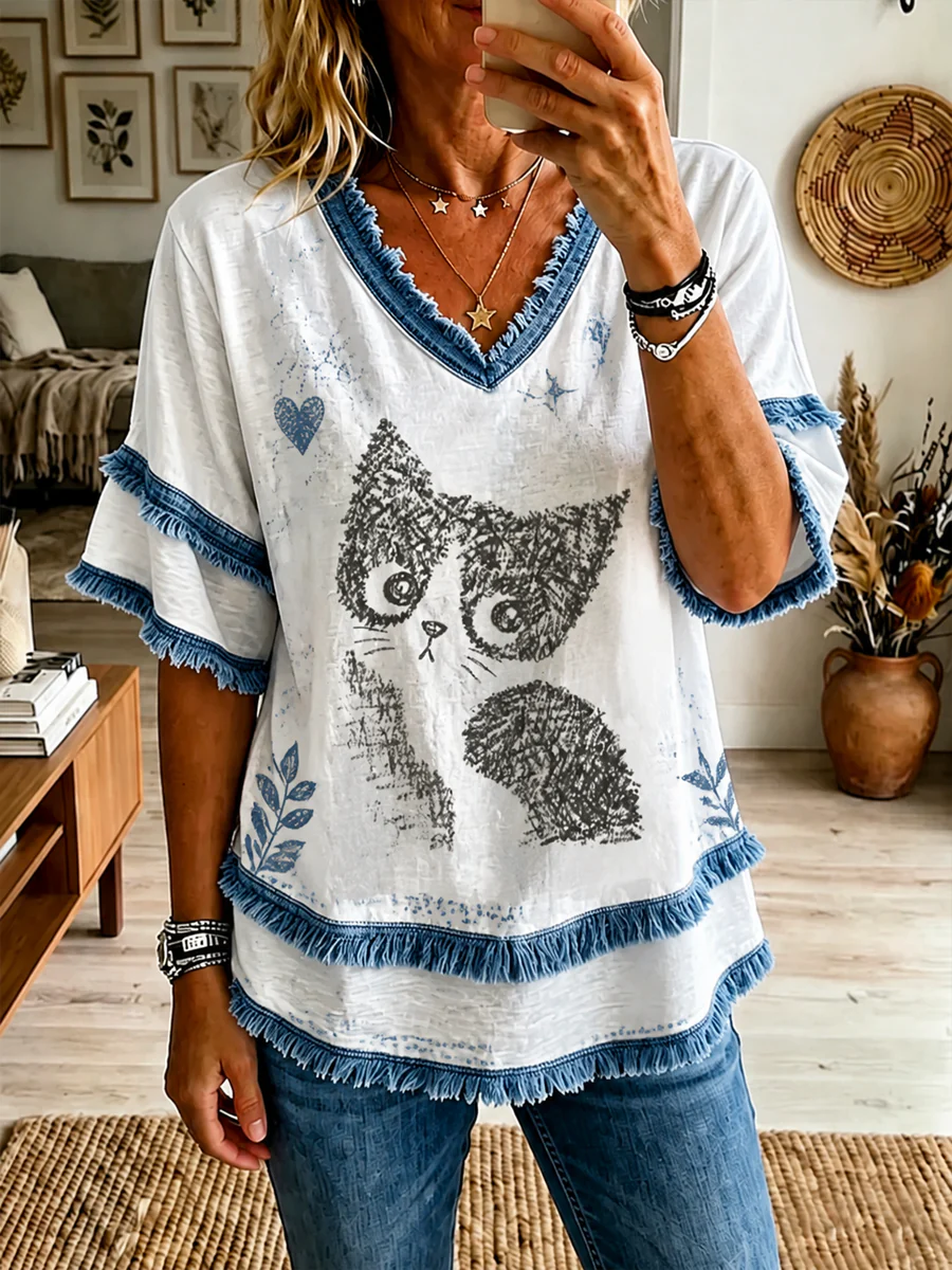 Women's Cat Printed Cotton-Linen Shirt