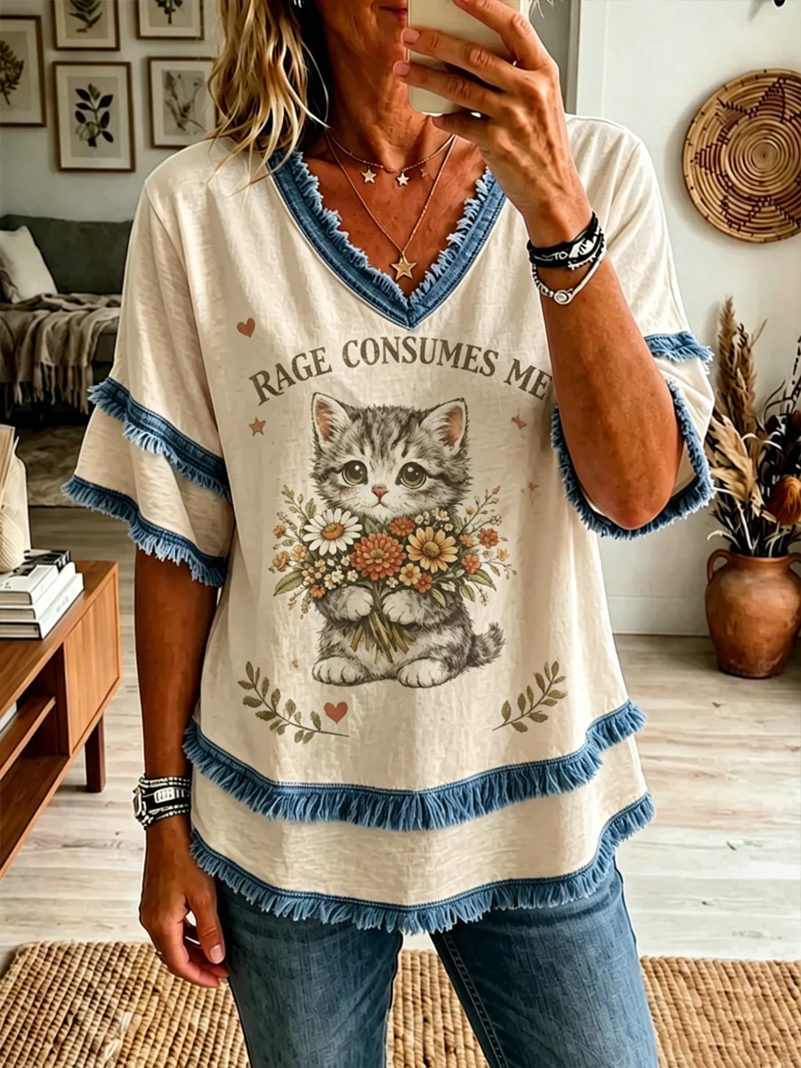 Women's Cat Printed Cotton-Linen Shirt - Image 2