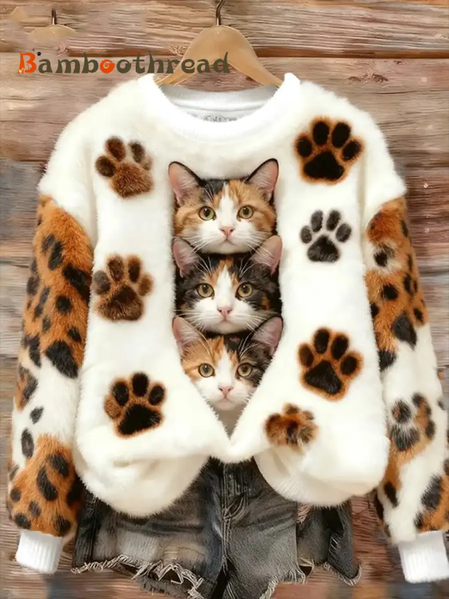 Women's Cat Printed Flannel Sweatshirt