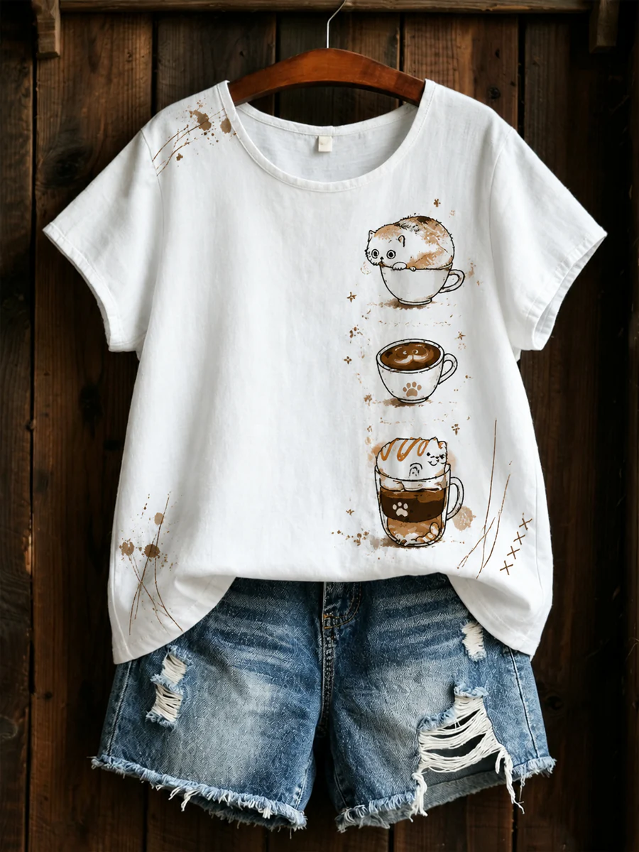 Women's Cat Printed linen short-sleeved T-shirt