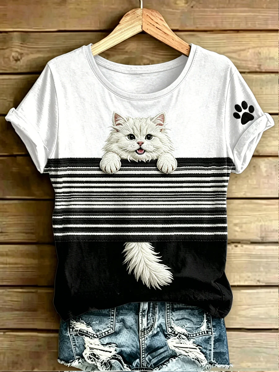 Women's Cat Stripes Printed Vintage Fashion Loose Short Sleeve T-Shirt