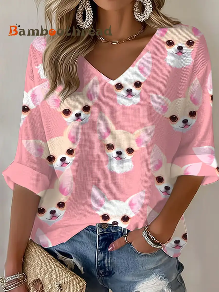 Women's Chihuahuas Print Casual Waffle T-Shirt