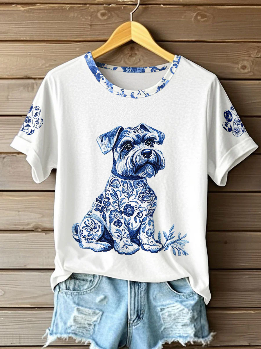 Women's Chinese Style Animal Blue and White Porcelain Print T-shirt