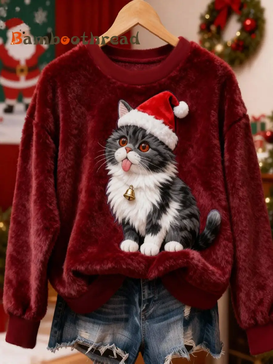 Women's Christmas Cat Flannel Hoodie