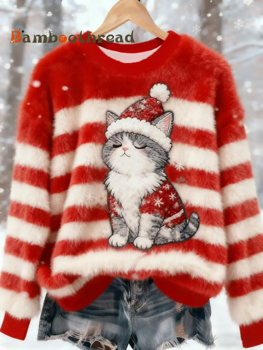 Women's Christmas  Cute Cat Flannel Hoodie