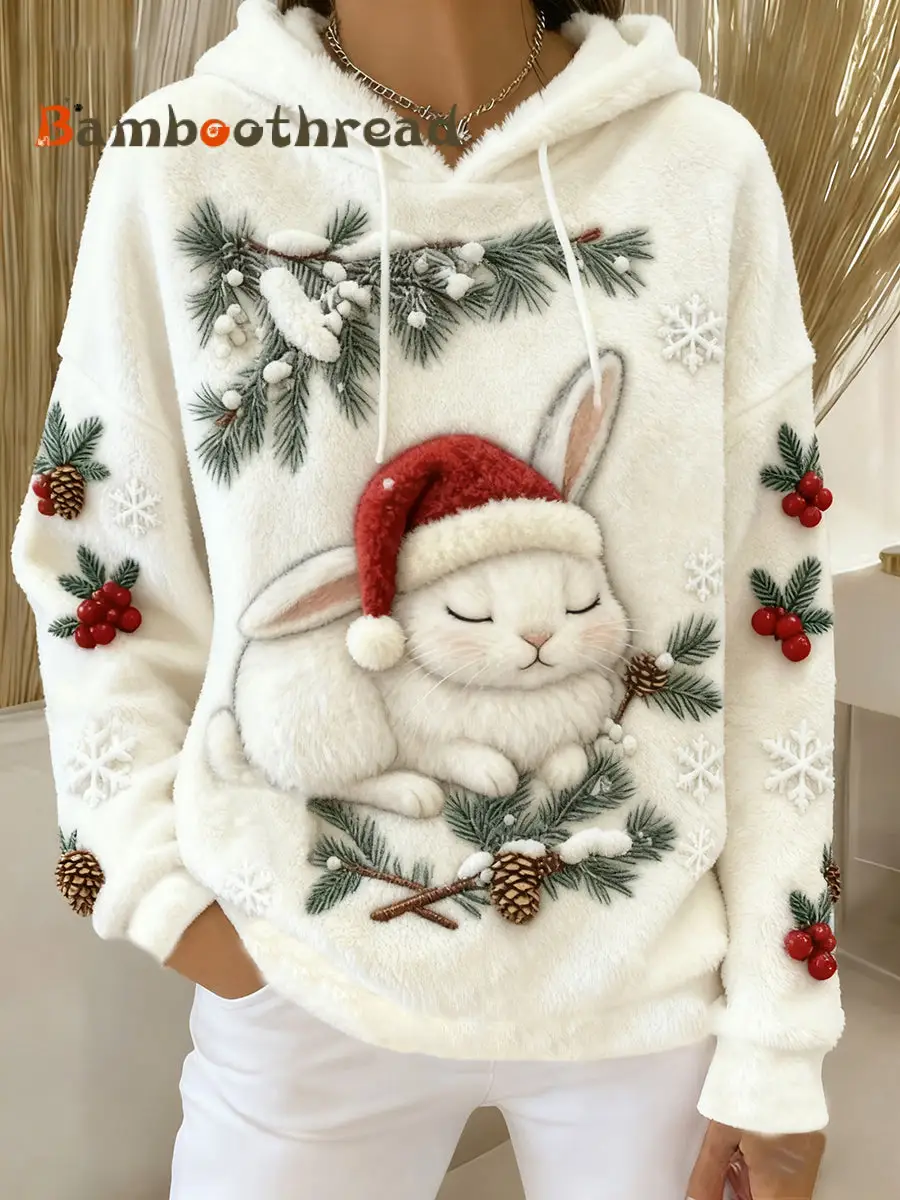Women's Christmas Cute Rabbit Flannel Hoodie