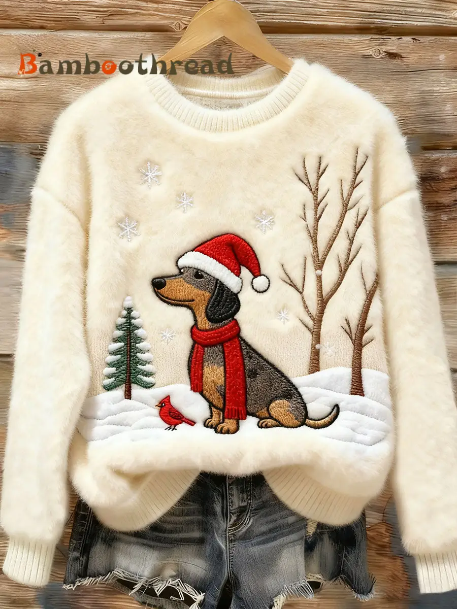 Women's Christmas Dachshund Dog Art Cozy Flannel Sweater