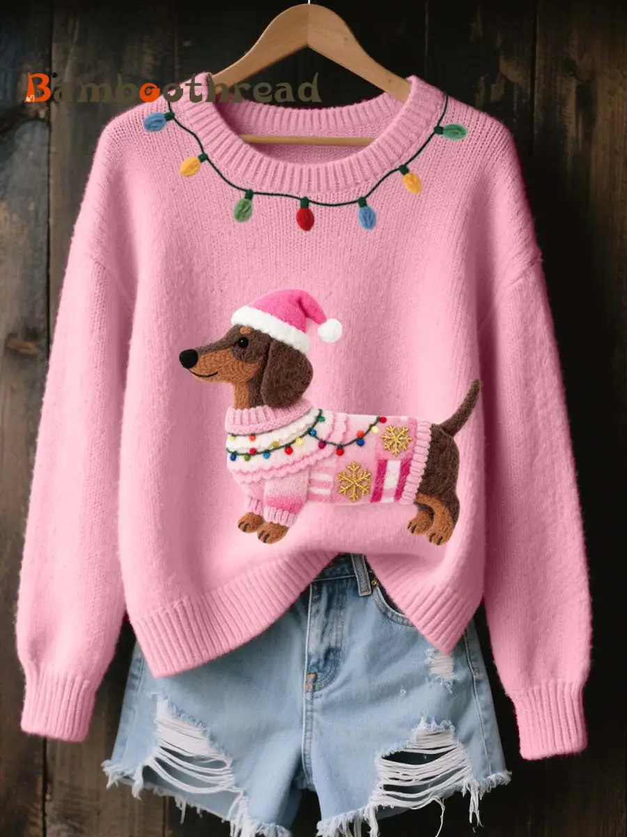 Women's Christmas Dachshund Felt Art Cozy Knit Sweater