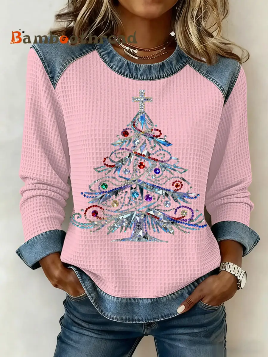 Women's Christmas Print Waffle Sweatshirt - Image 2
