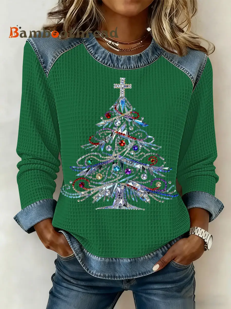 Women's Christmas Print Waffle Sweatshirt - Image 4
