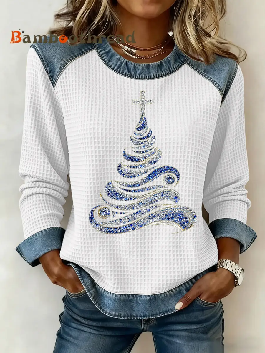 Women's Christmas Print Waffle Sweatshirt - Image 2