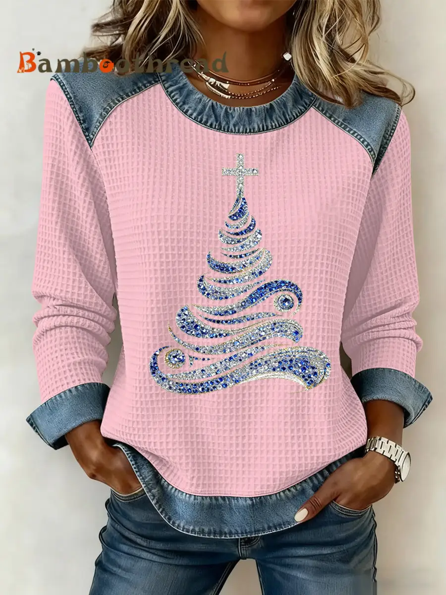 Women's Christmas Print Waffle Sweatshirt - Image 4