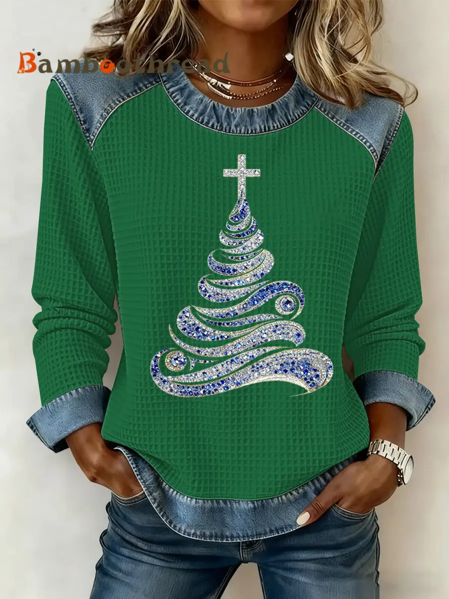 Women's Christmas Print Waffle Sweatshirt - Image 5