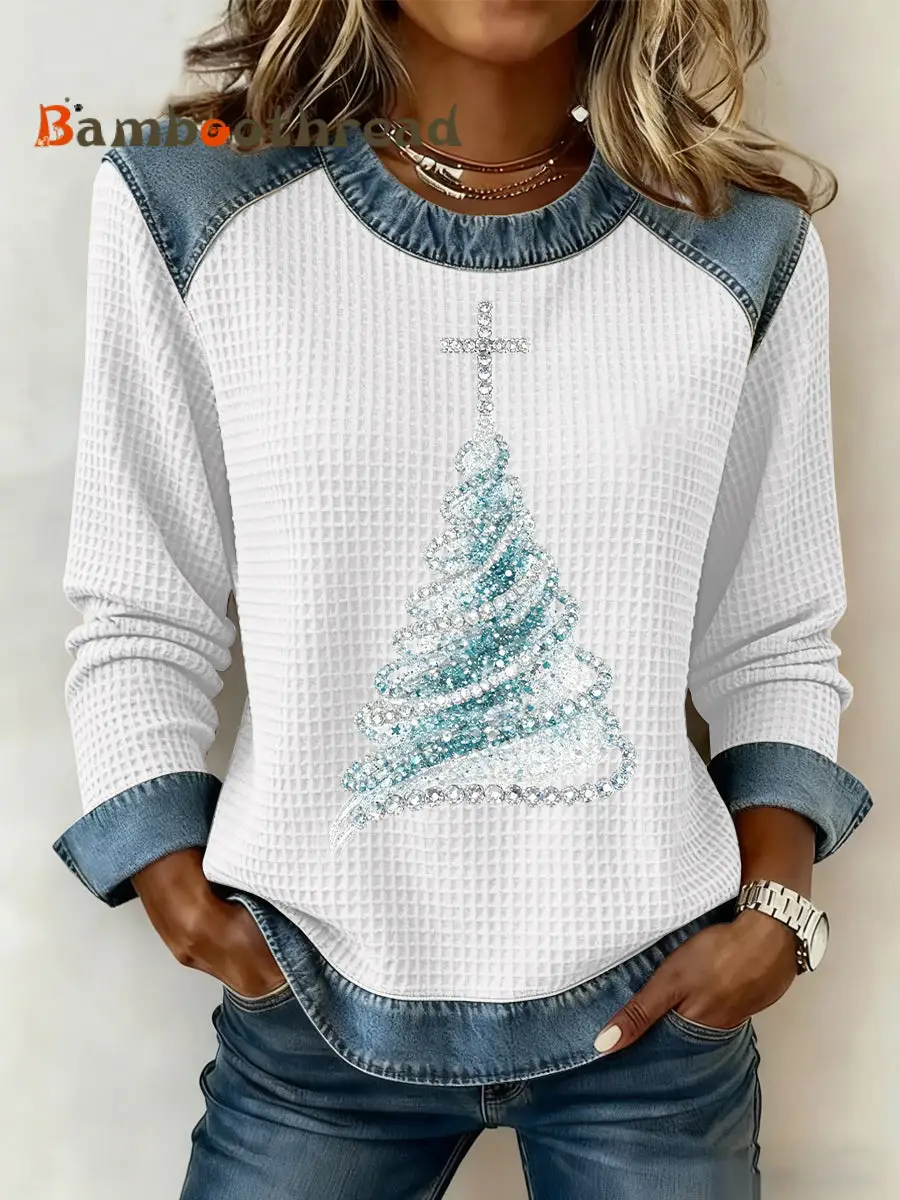 Women's Christmas Print Waffle Sweatshirt - Image 2