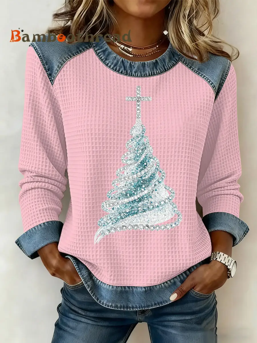 Women's Christmas Print Waffle Sweatshirt - Image 3