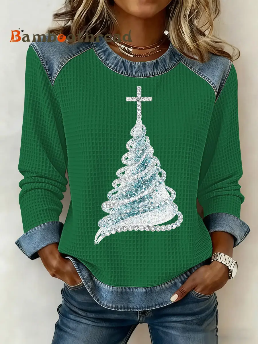 Women's Christmas Print Waffle Sweatshirt - Image 5