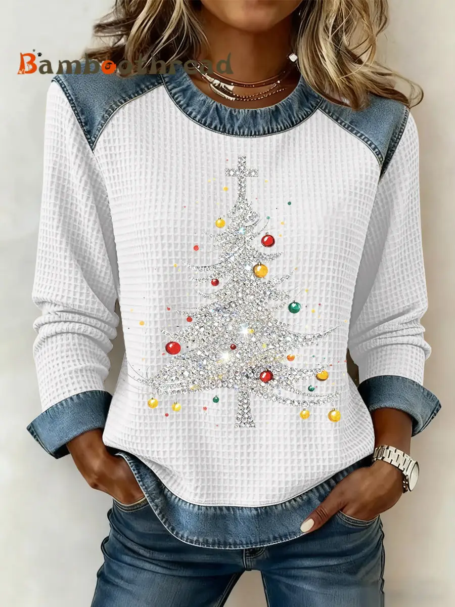 Women's Christmas Print Waffle Sweatshirt - Image 2