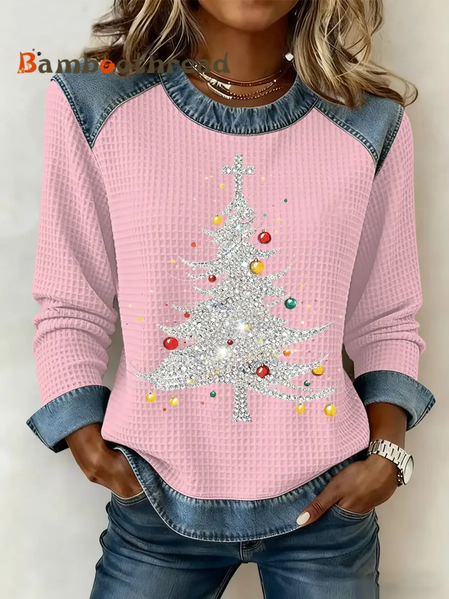Women's Christmas Print Waffle Sweatshirt - Image 3