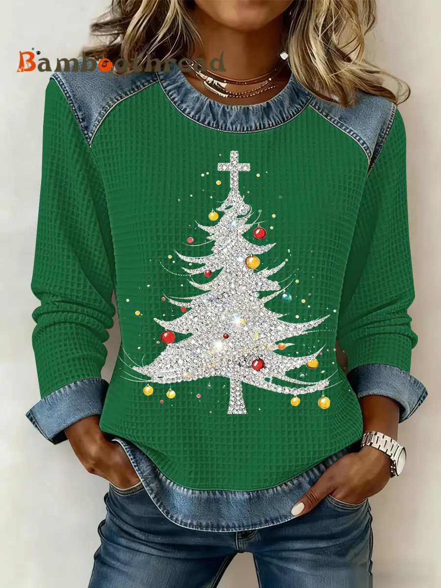Women's Christmas Print Waffle Sweatshirt - Image 5
