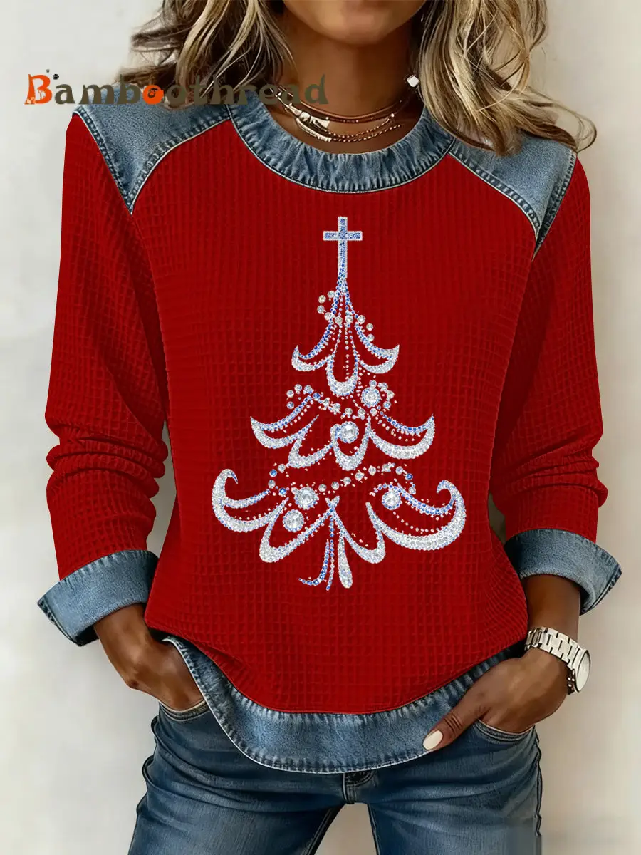 Women's Christmas Print Waffle Sweatshirt