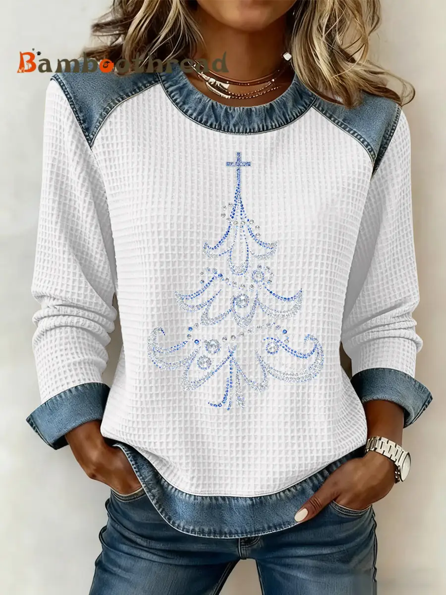 Women's Christmas Print Waffle Sweatshirt - Image 2