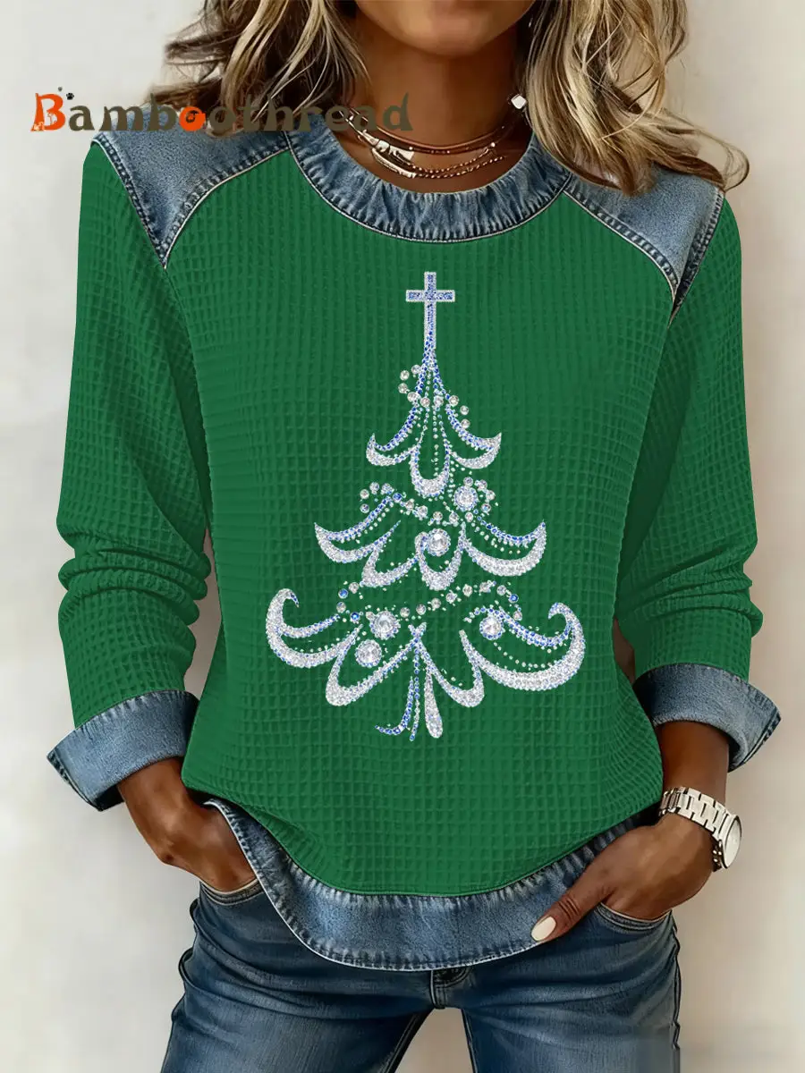 Women's Christmas Print Waffle Sweatshirt - Image 5