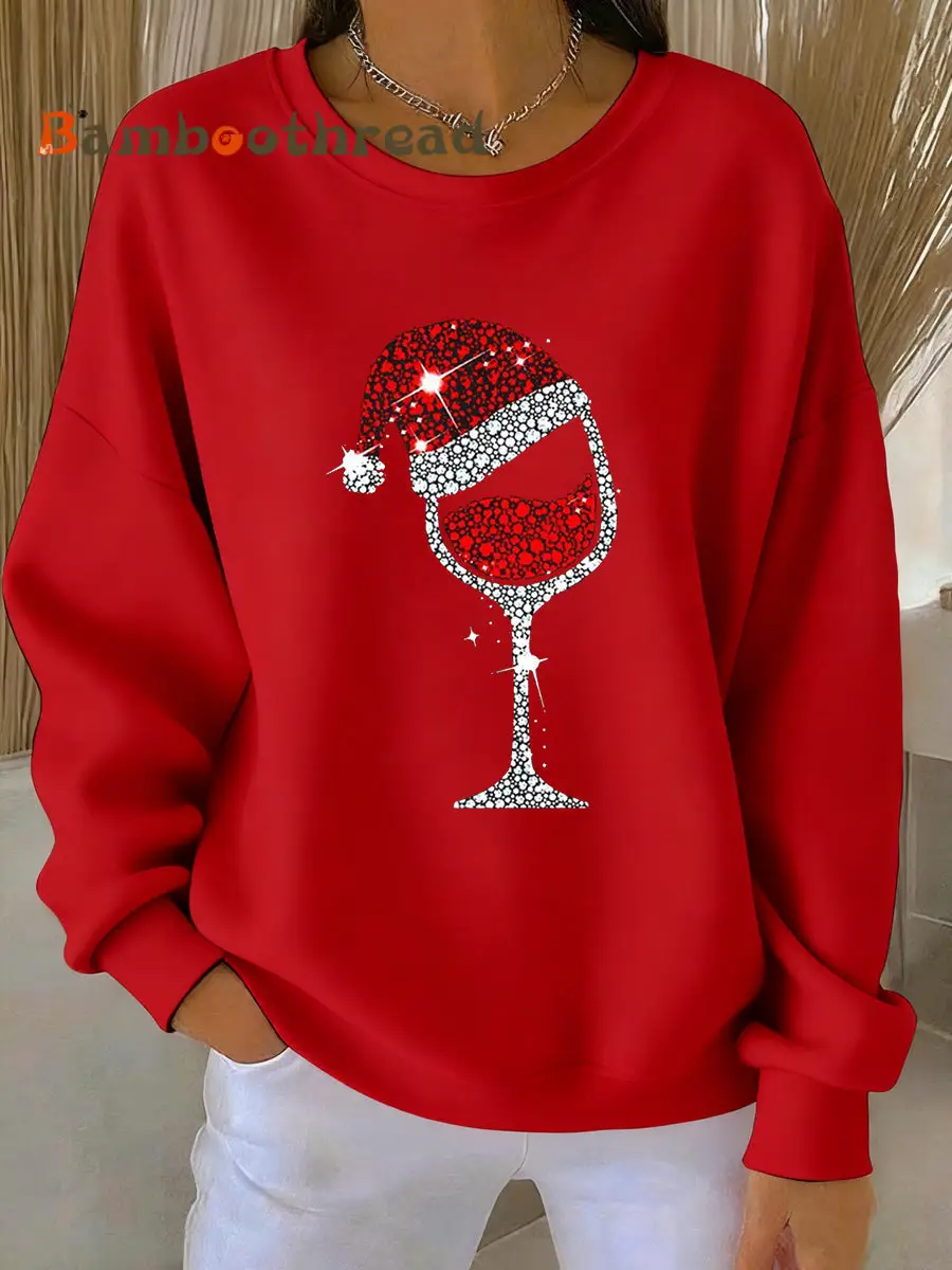 Women's Christmas Red Wine Glass Print Casual Sweatshirt - Image 2