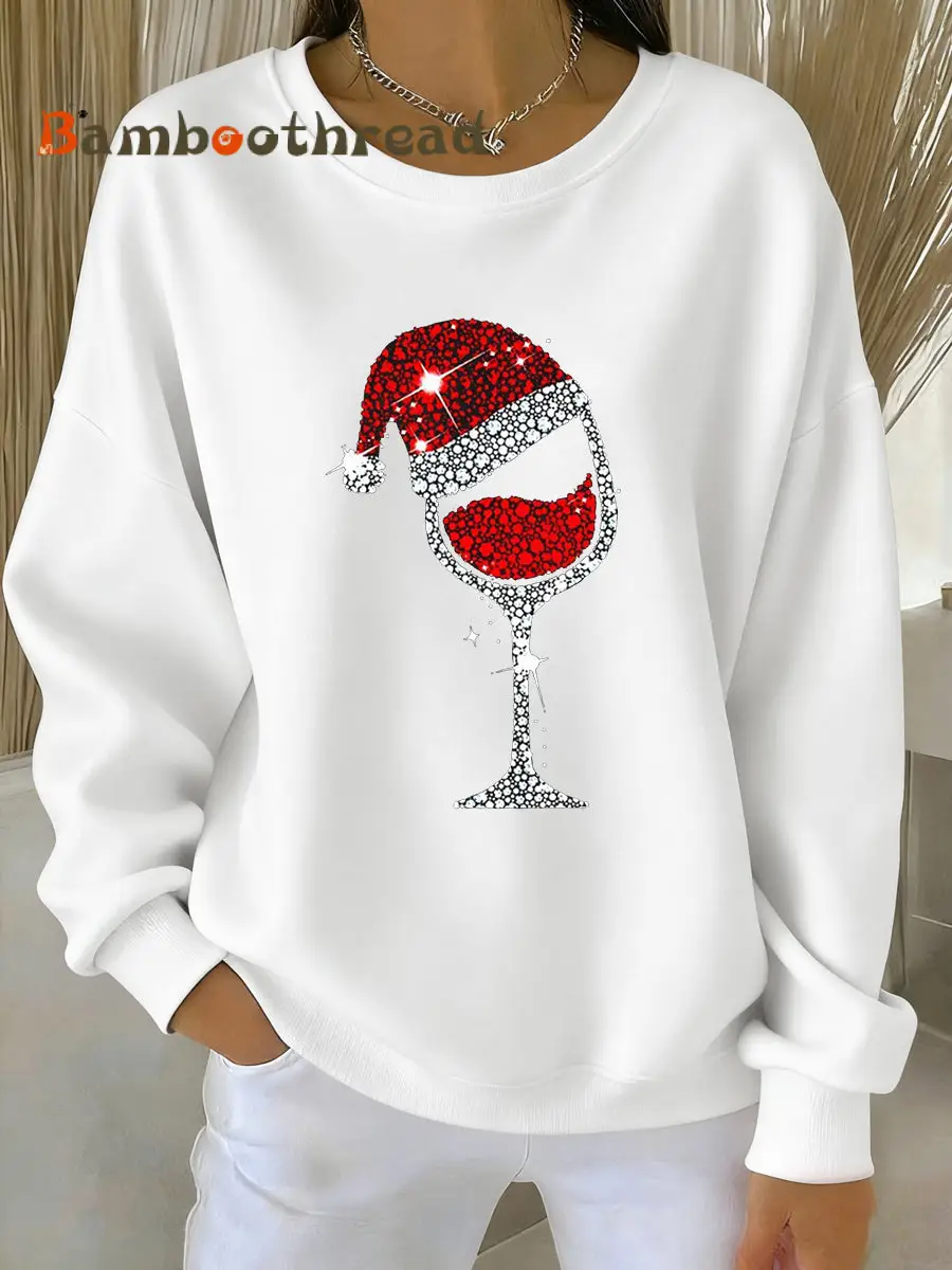 Women's Christmas Red Wine Glass Print Casual Sweatshirt - Image 3