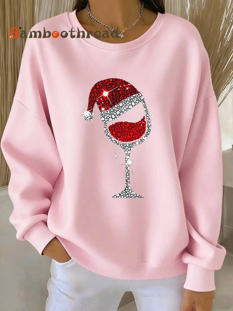 Women's Christmas Red Wine Glass Print Casual Sweatshirt - Image 4
