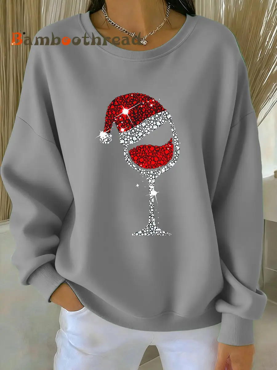 Women's Christmas Red Wine Glass Print Casual Sweatshirt - Image 5