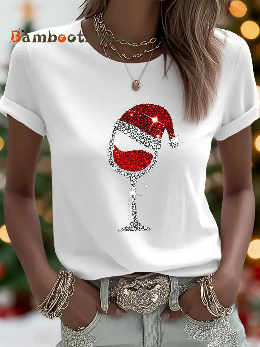 Women's Christmas Red Wine Glass Print Casual Tee - Image 3