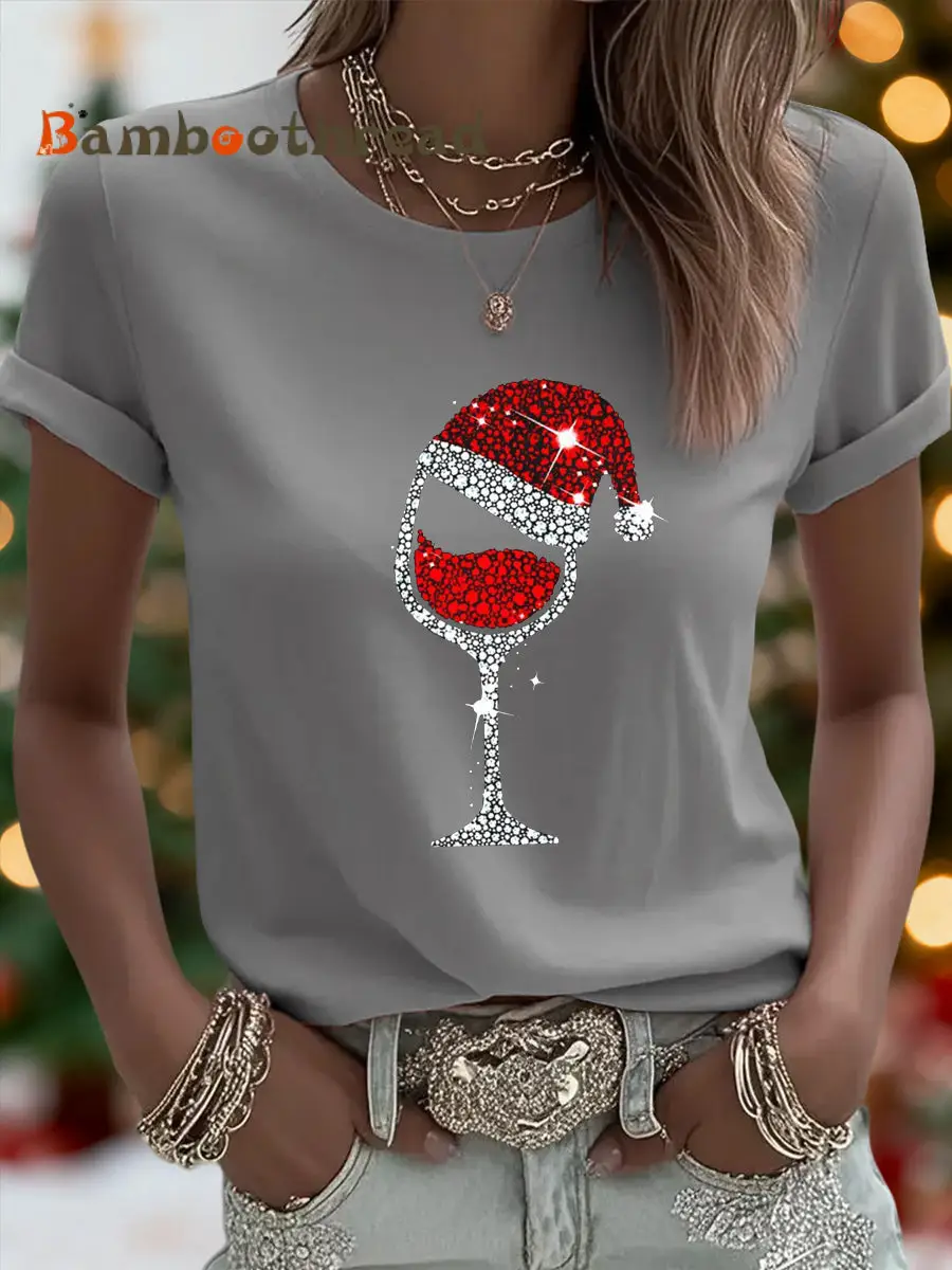 Women's Christmas Red Wine Glass Print Casual Tee - Image 4