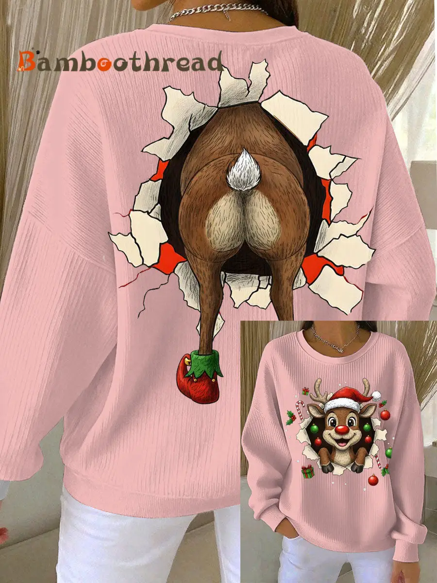 Women's Christmas Reindeer Ribbed Round-Neck Sweatshirt - Image 2