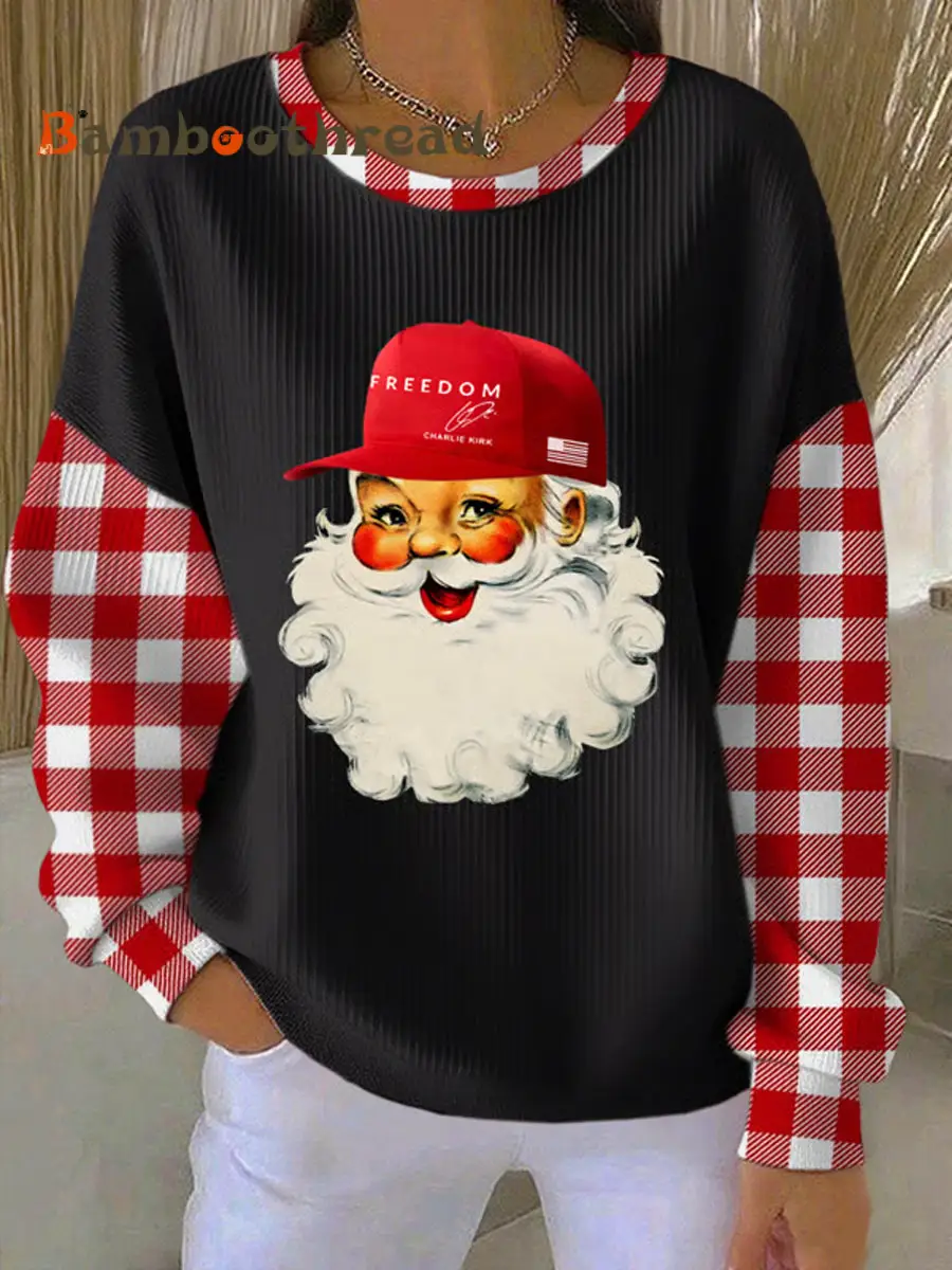 Women's Christmas Santa Claus Freedom Print Ribbed Round-Neck Sweatshirt - Image 3