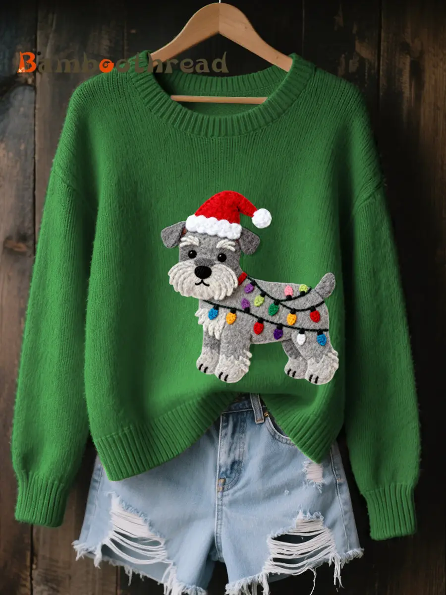 Women's Christmas Schnauzer Dog Felt Art Cozy Knit Sweater