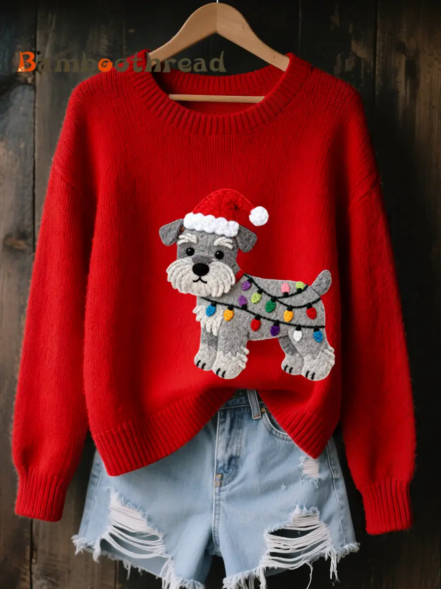 Women's Christmas Schnauzer Dog Felt Art Cozy Knit Sweater - Image 2