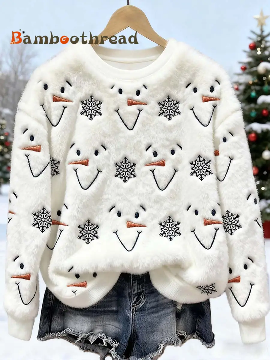 Women's Christmas Snowman Embroidered Furry Sweatshirt