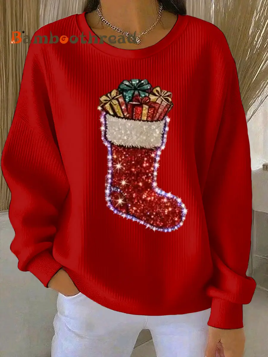 Women's Christmas stockings Print Ribbed Round-Neck Sweatshirt