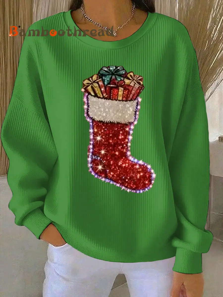 Women's Christmas stockings Print Ribbed Round-Neck Sweatshirt - Image 2