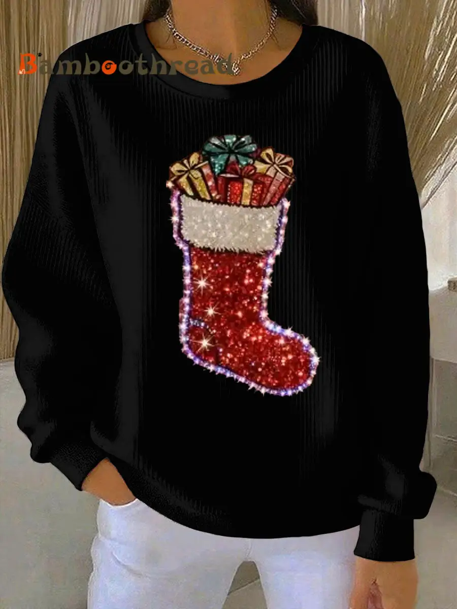 Women's Christmas stockings Print Ribbed Round-Neck Sweatshirt - Image 4