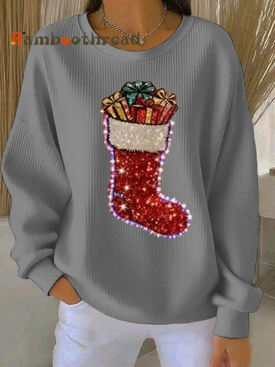 Women's Christmas stockings Print Ribbed Round-Neck Sweatshirt - Image 5