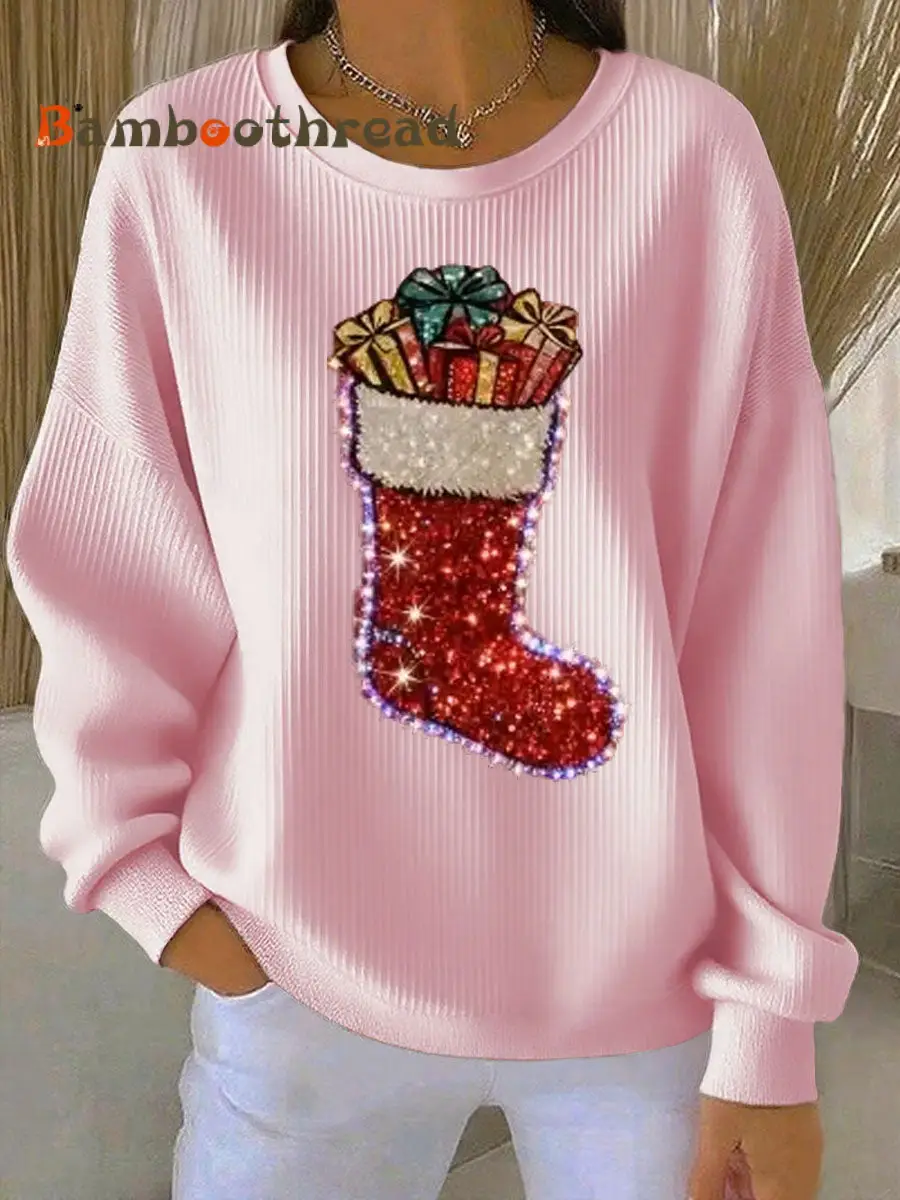 Women's Christmas stockings Print Ribbed Round-Neck Sweatshirt - Image 6