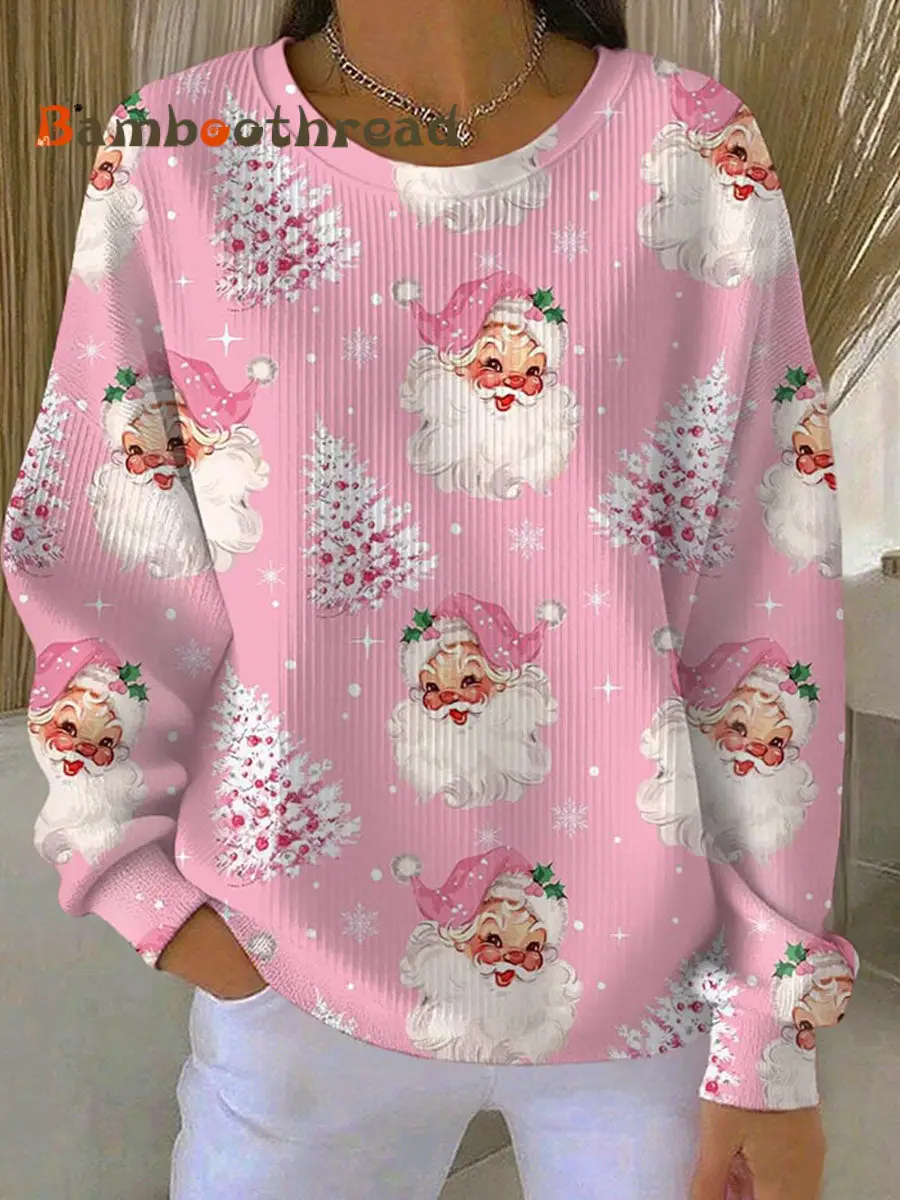 Women's Christmas Tree Santa Claus Print Ribbed Round-Neck Sweatshirt