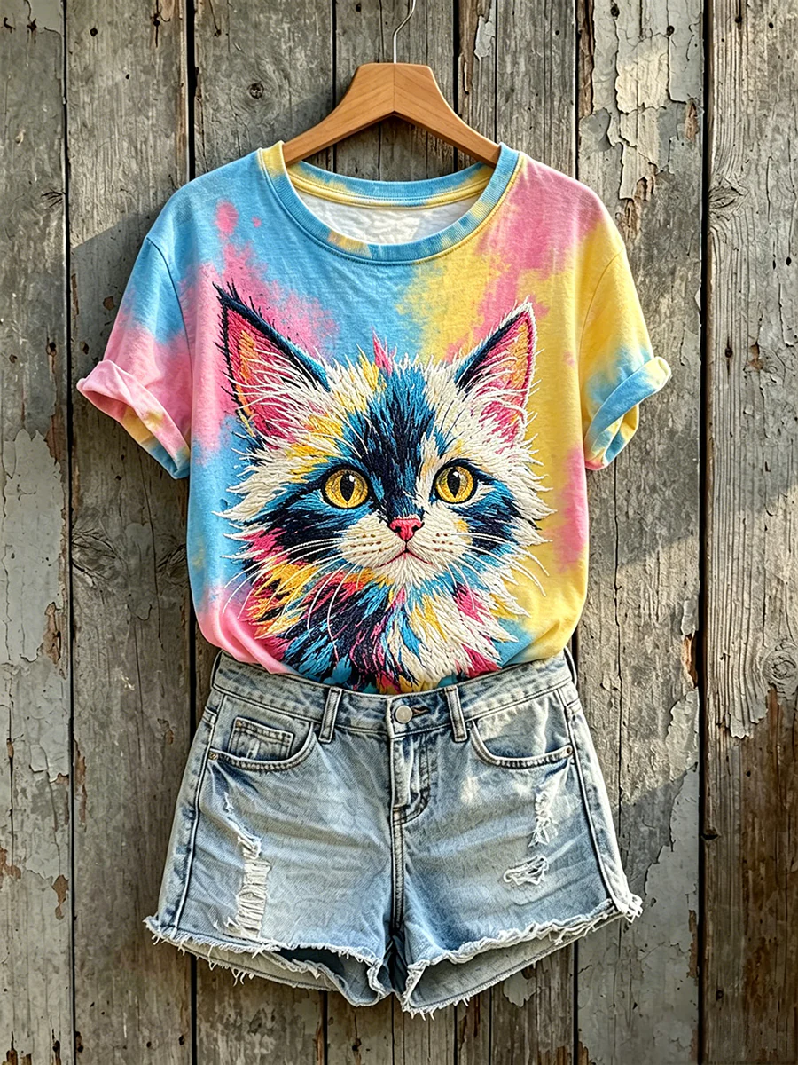 Women's Colorful Cat Art Print Short-sleeved T-shirt